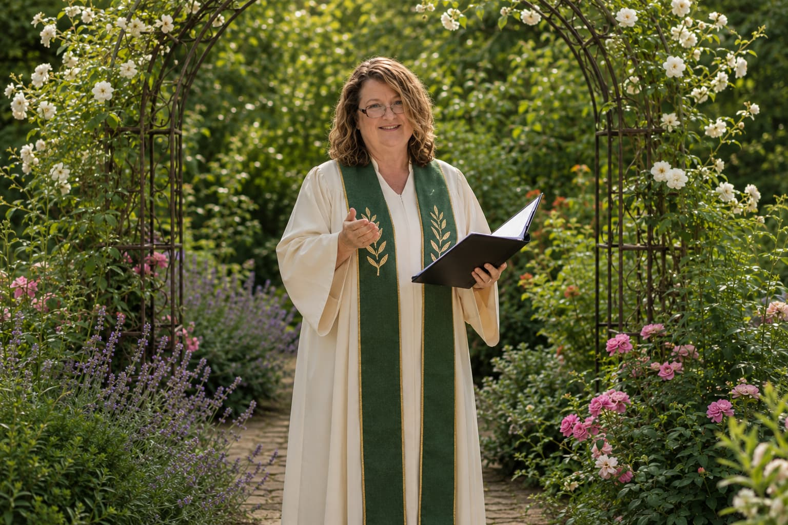 Reverend Ruth standing beneath a flowering garden archway