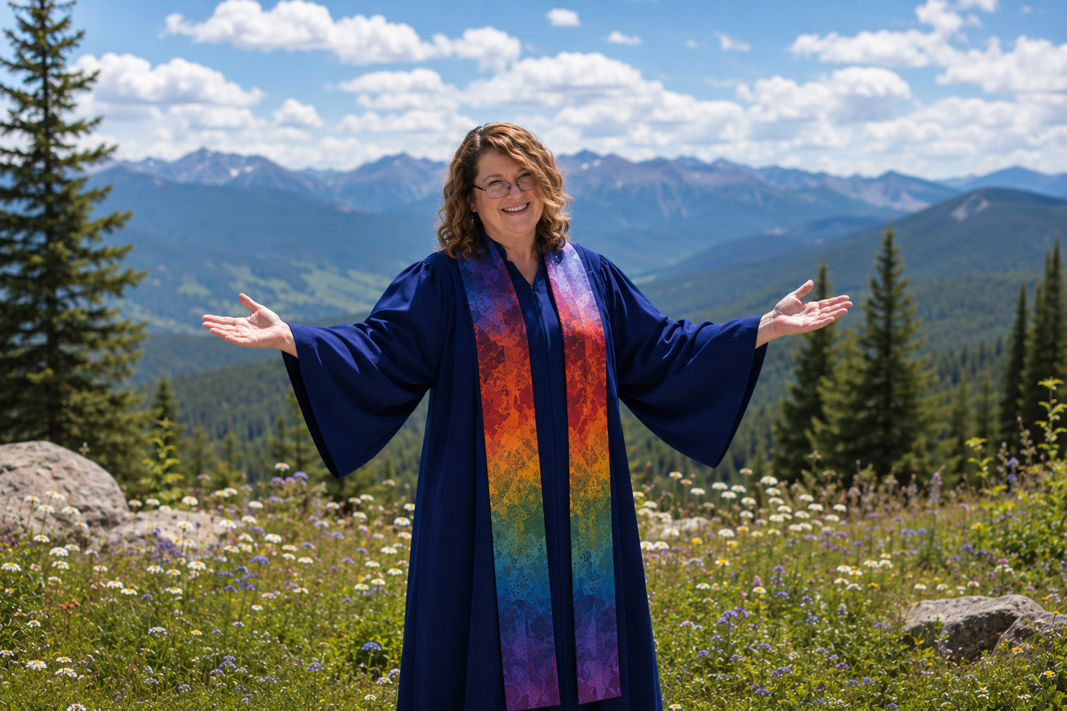 Reverend Ruth with arms open wide in a mountain meadow wearing a rainbow stole